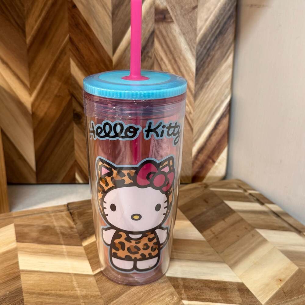 Hello Kitty Leopard Costume 24 oz Double Wall Tumbler Cup Lid Straw Sanrio NWT